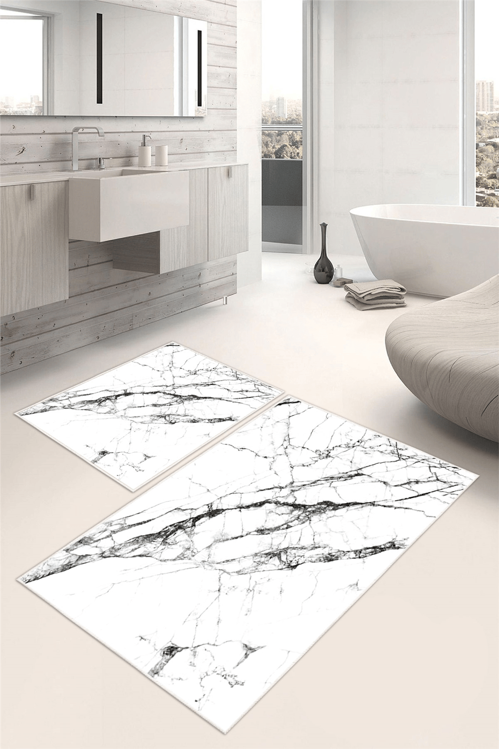 Mermer Desenli Dijital Baskılı Yıkanabilir 2li Banyo Paspası