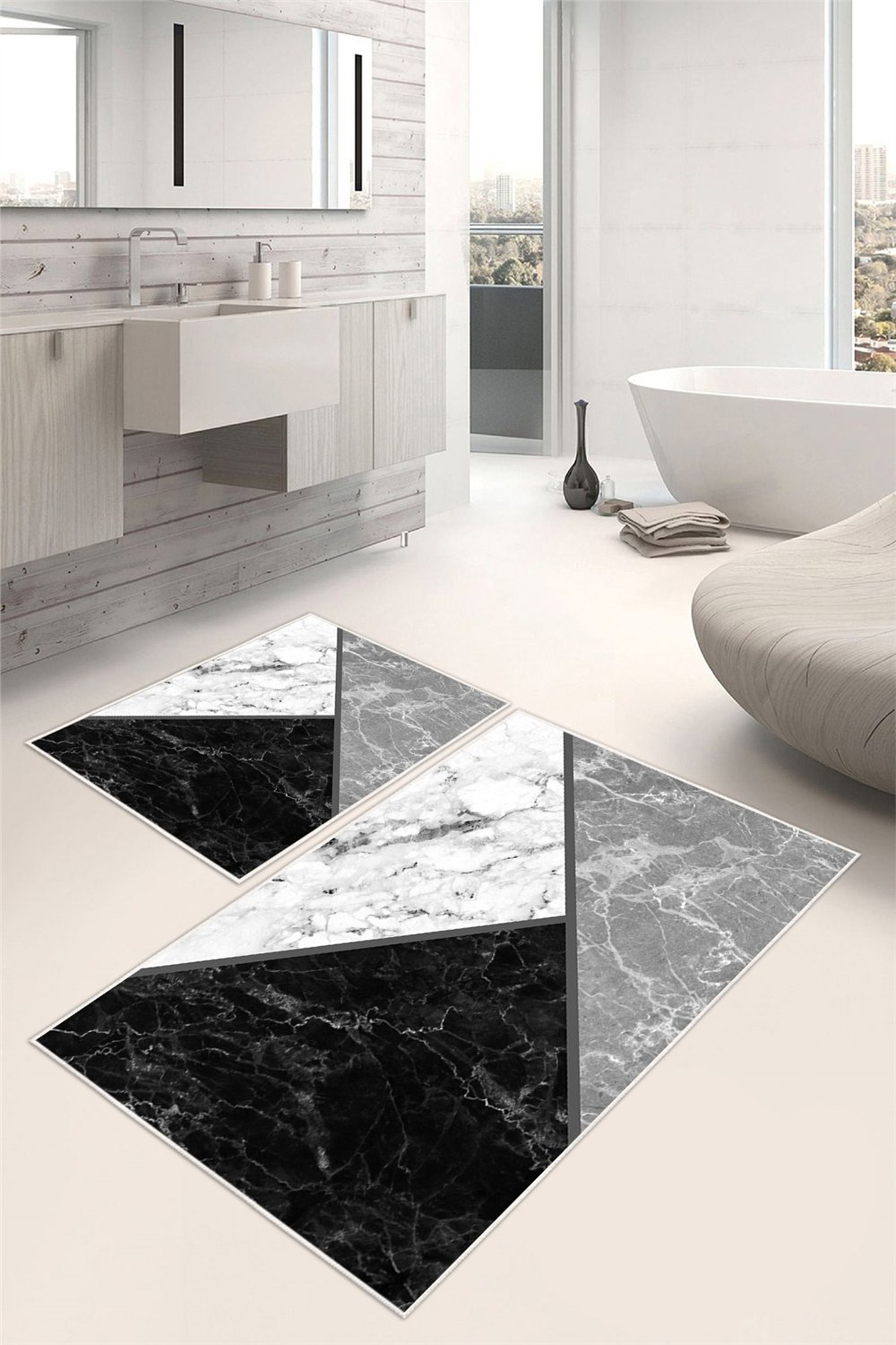 Modern Geometrik Desenli Dijital Baskılı Yıkanabilir 2li Banyo Paspası