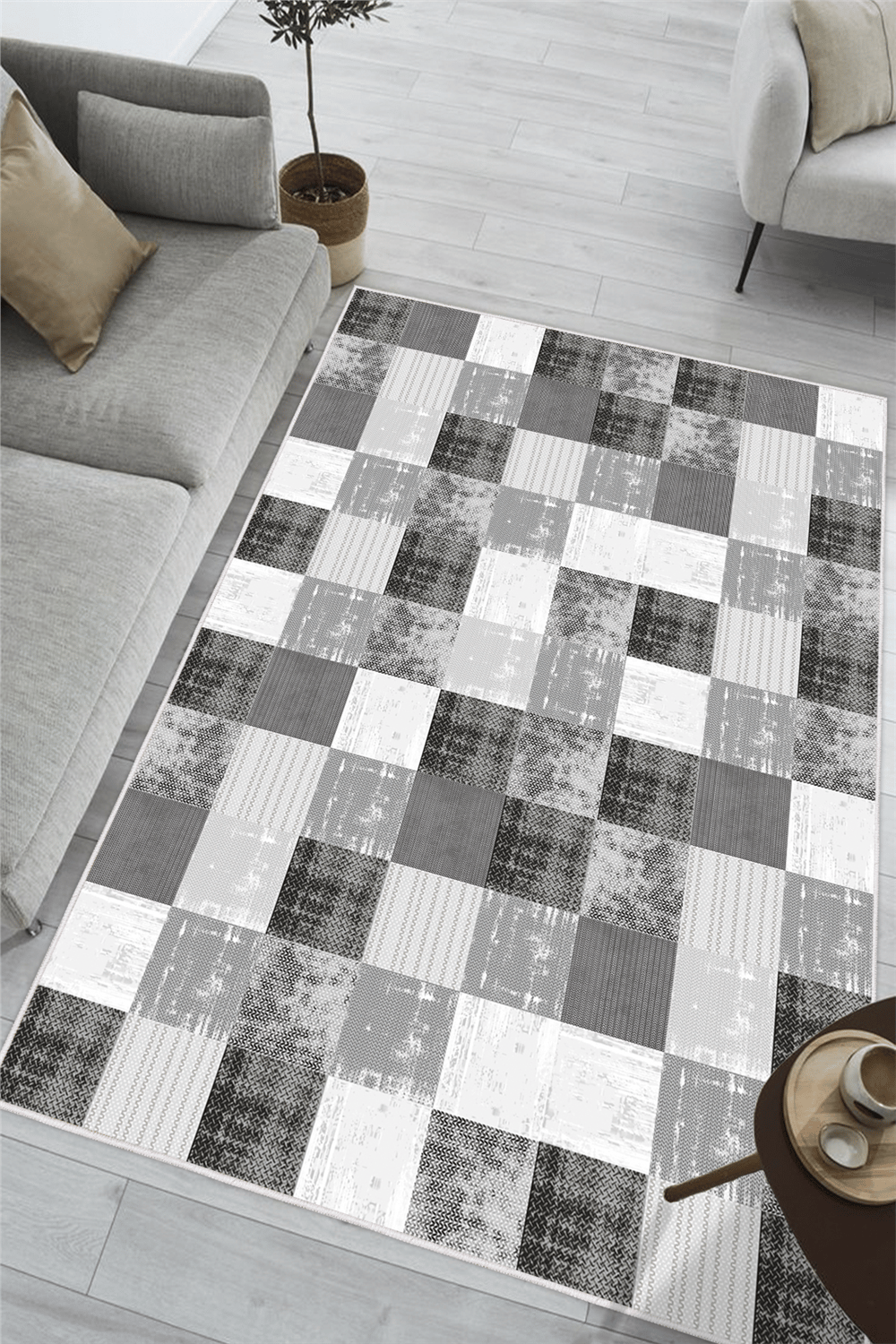 Modern Gri Desen Baskılı Kaymaz Yıkanabilir Salon Oturma Odası Mutfak Antre Halısı Yolluk
