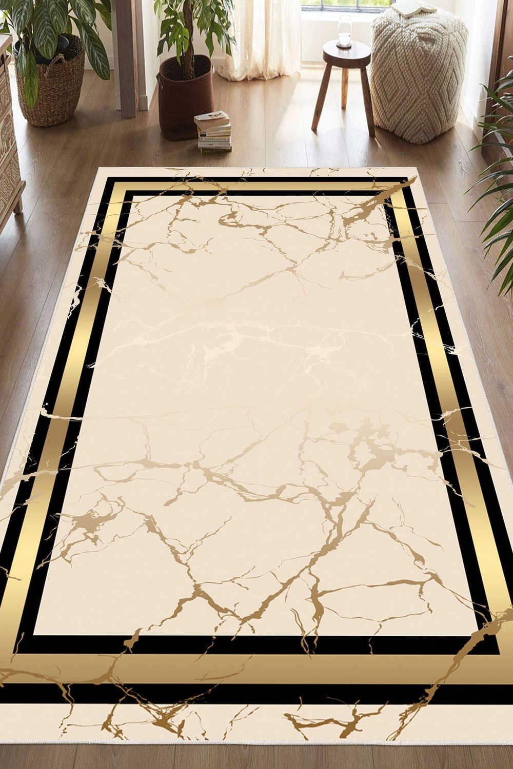 Mermer Desenli Gold Çerçeveli Baskılı Yıkanabilir Kaymaz Salon Oturma Odası Hol Antre Halısı Yolluk
