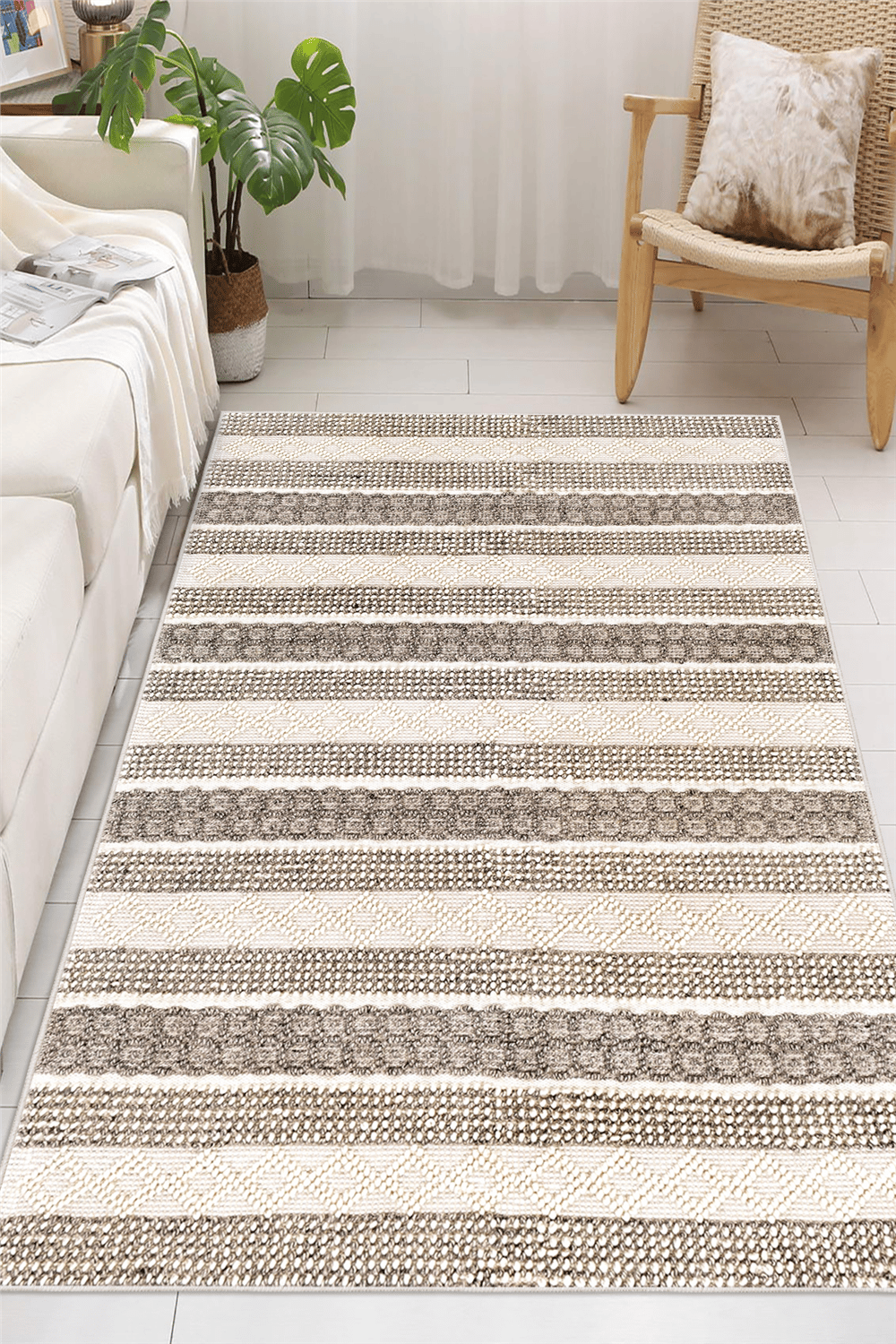Modern Kilim Desenli Bej Baskılı Kaymaz Yıkanabilir Salon Oturma Odası Mutfak Antre Halısı Yolluk