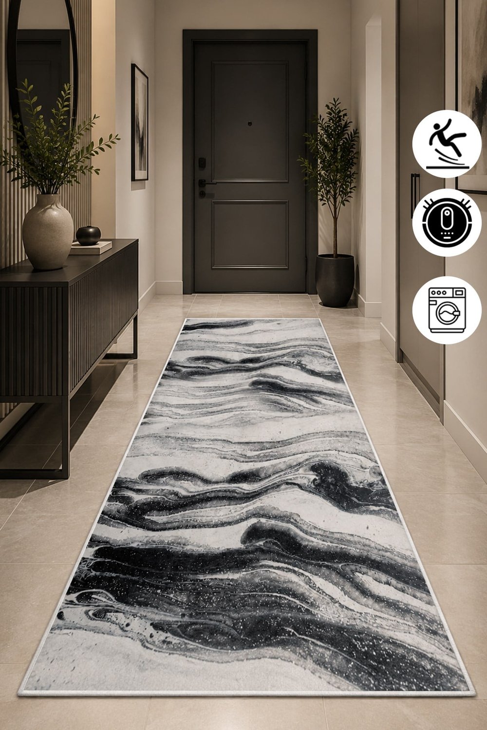 Modern Mermer Desen Baskılı Yıkanabilir Kaymaz Salon Oturma Odası Hol Antre Halısı Yolluk