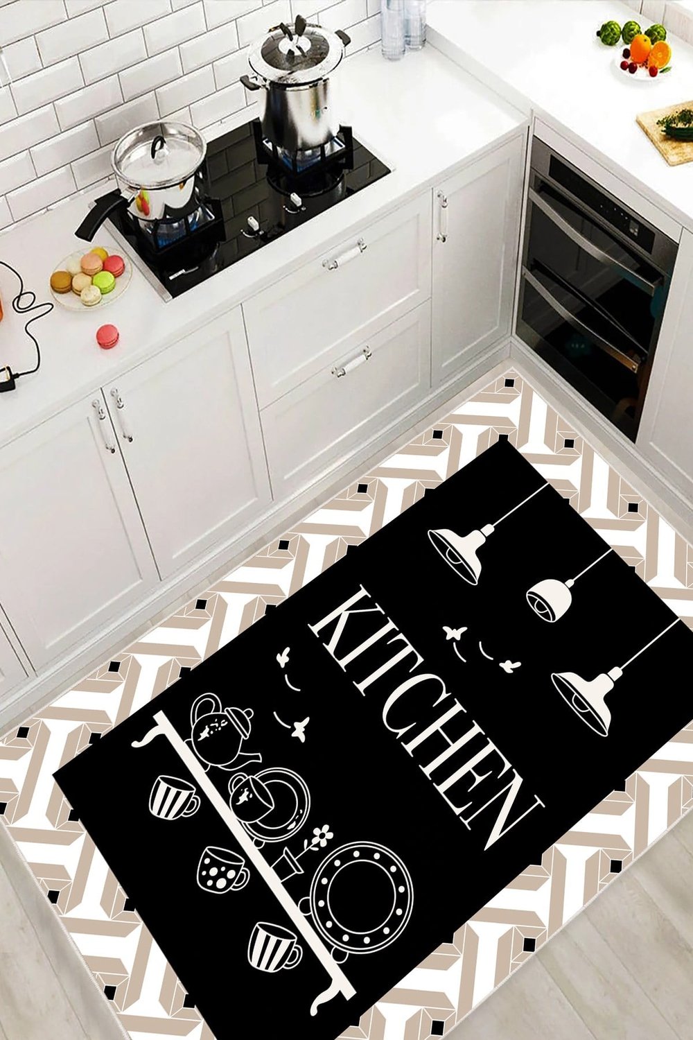 Modern Kitchen Temalı Baskılı Kaymaz Leke Tutmaz Yıkanabilir Mutfak Halısı