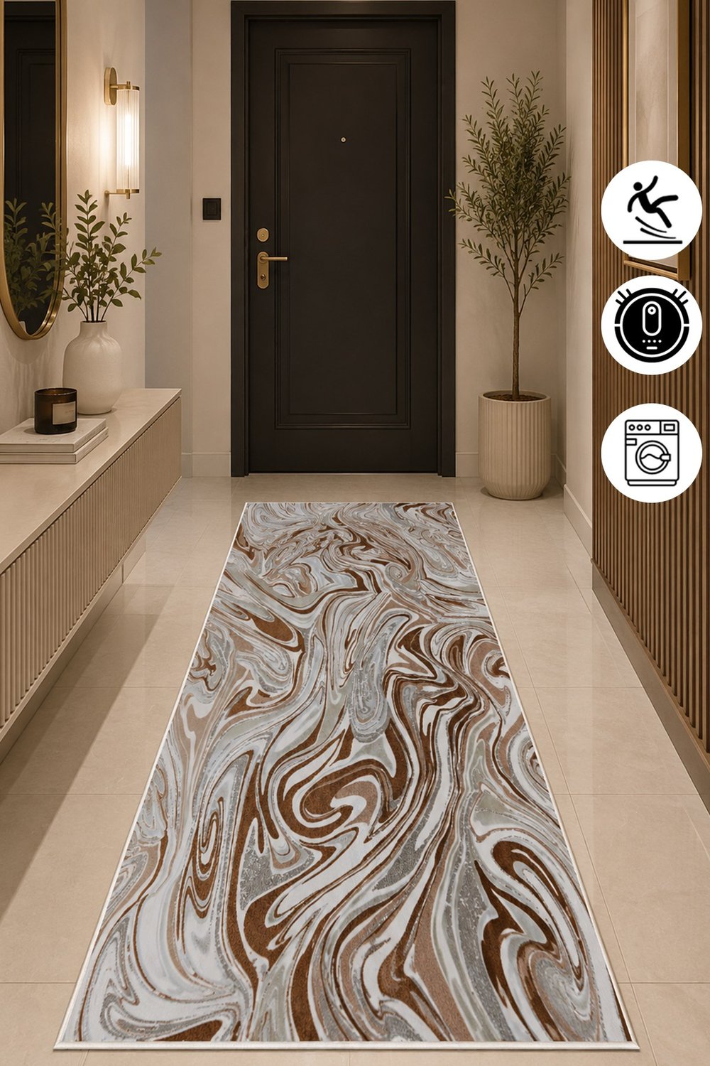 Modern Soyut Desen Baskılı Yıkanabilir Kaymaz Salon Oturma Odası Hol Antre Halısı Yolluk