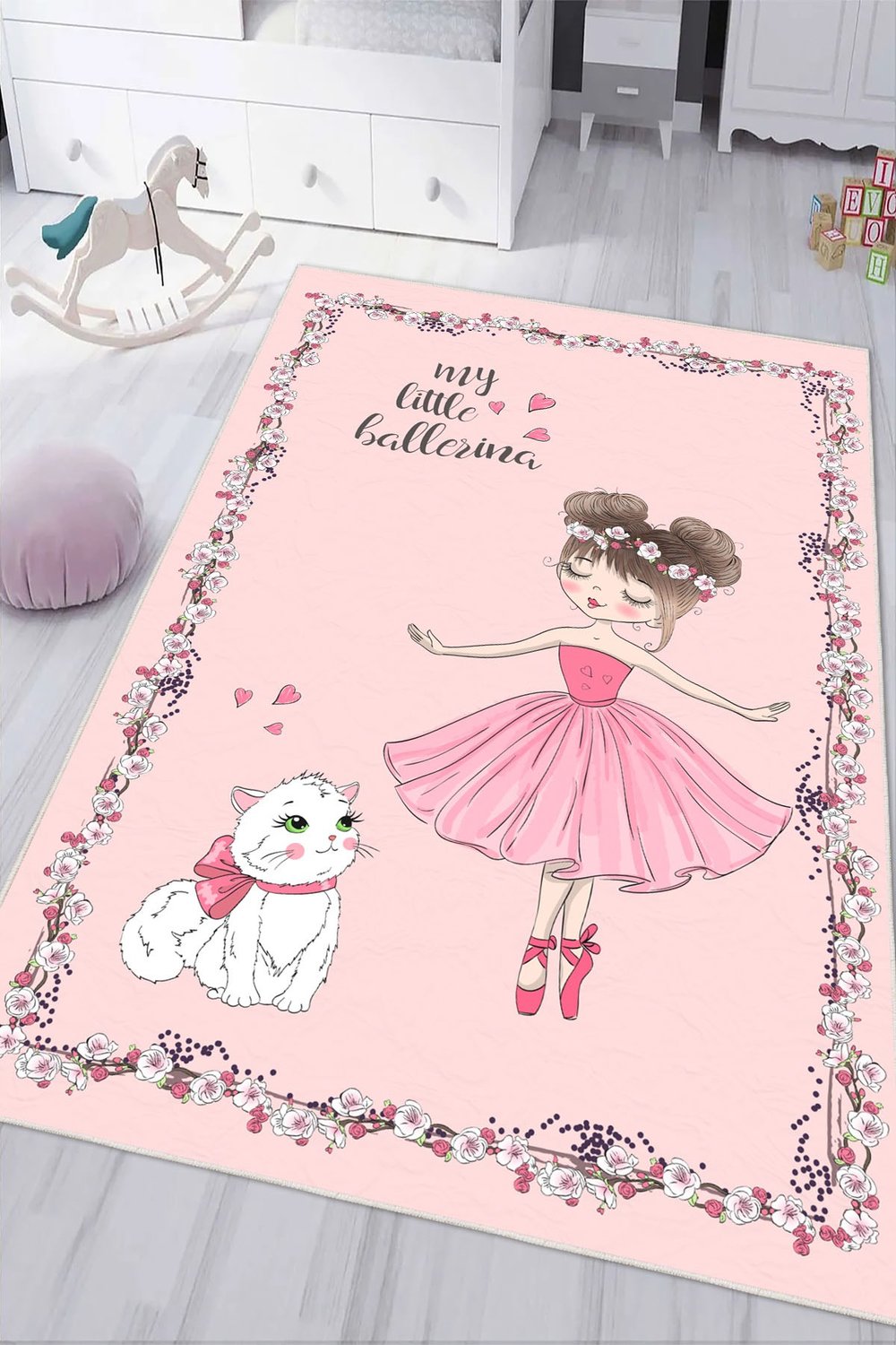 Pembe Balerin Desenli Baskılı Yıkanabilir Kaymaz Kız Çocuk Odası Anaokulu Kreş Halısı