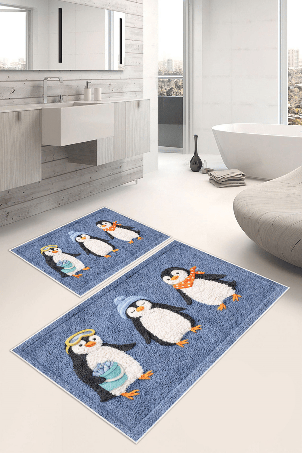 Penguen Desenli Dijital Baskılı Yıkanabilir 2li Banyo Paspası (50x60-60x100)
