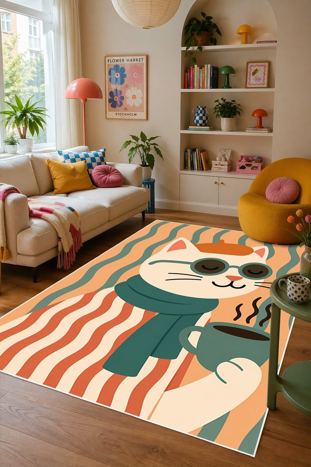 Pinterest Kedi Figürlü Baskılı Kaymaz Yıkanabilir Salon Oturma Odası Mutfak Balkon Halısı Yolluk