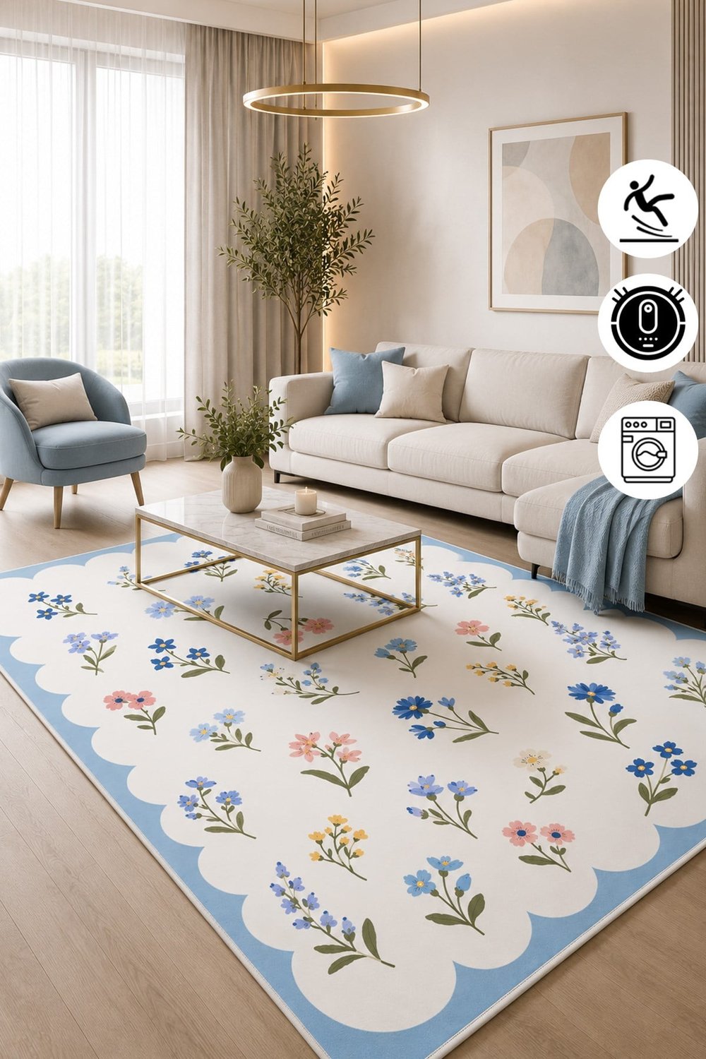 Renkli Floral Desen Mavi Çerçeveli Baskılı Kaymaz Yıkanabilir Salon Oturma Odası Mutfak Balkon Halısı Yolluk