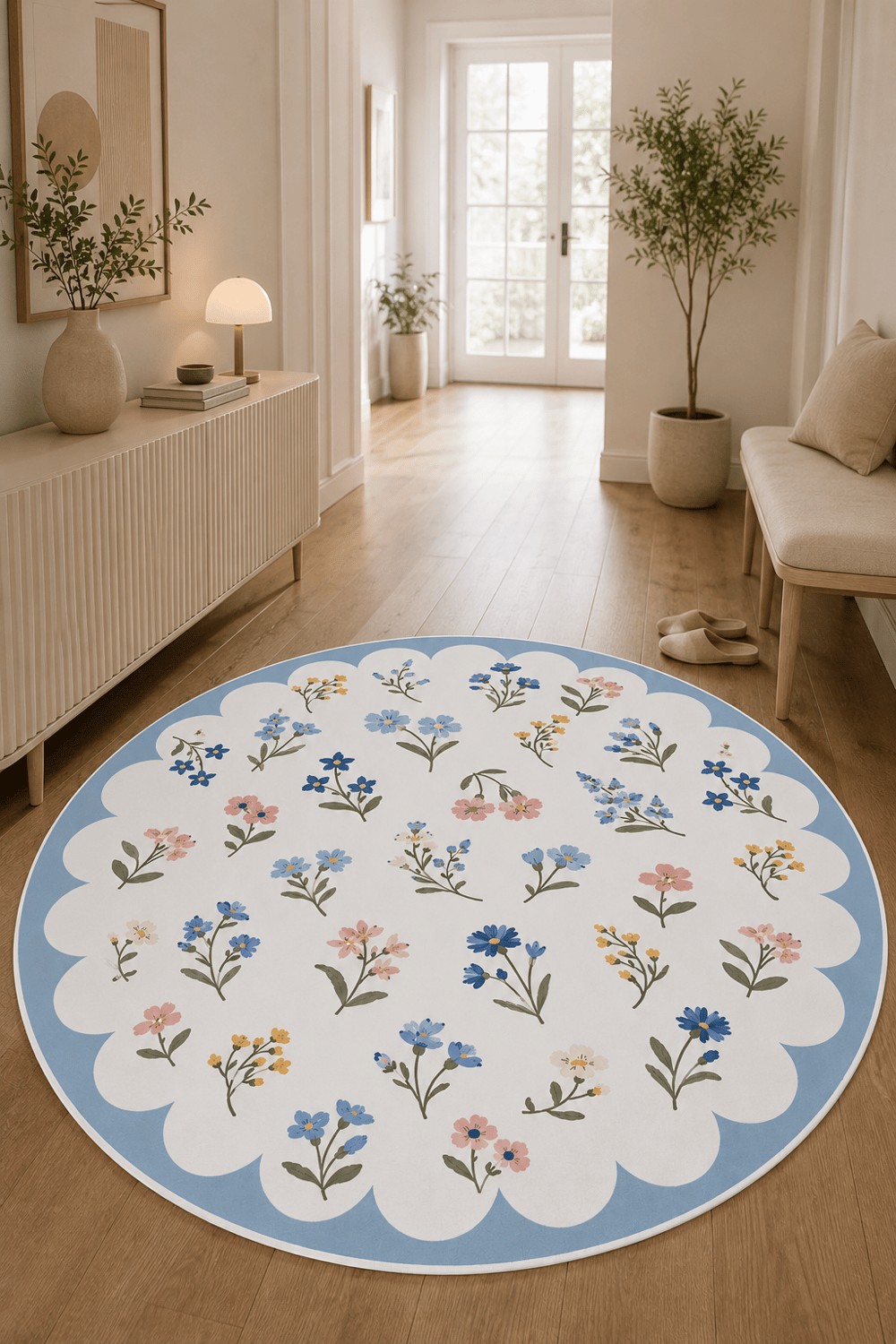 Renkli Floral Desen Mavi Çerçeveli Baskılı Kaymaz Yıkanabilir Yuvarlak Halı Salon Oturma Odası Mutfak Balkon Antre Halısı