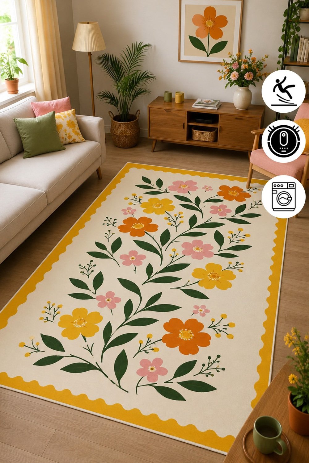 Renkli Floral Desen Sarı Çerçeveli Baskılı Kaymaz Yıkanabilir Salon Oturma Odası Mutfak Balkon Halısı Yolluk