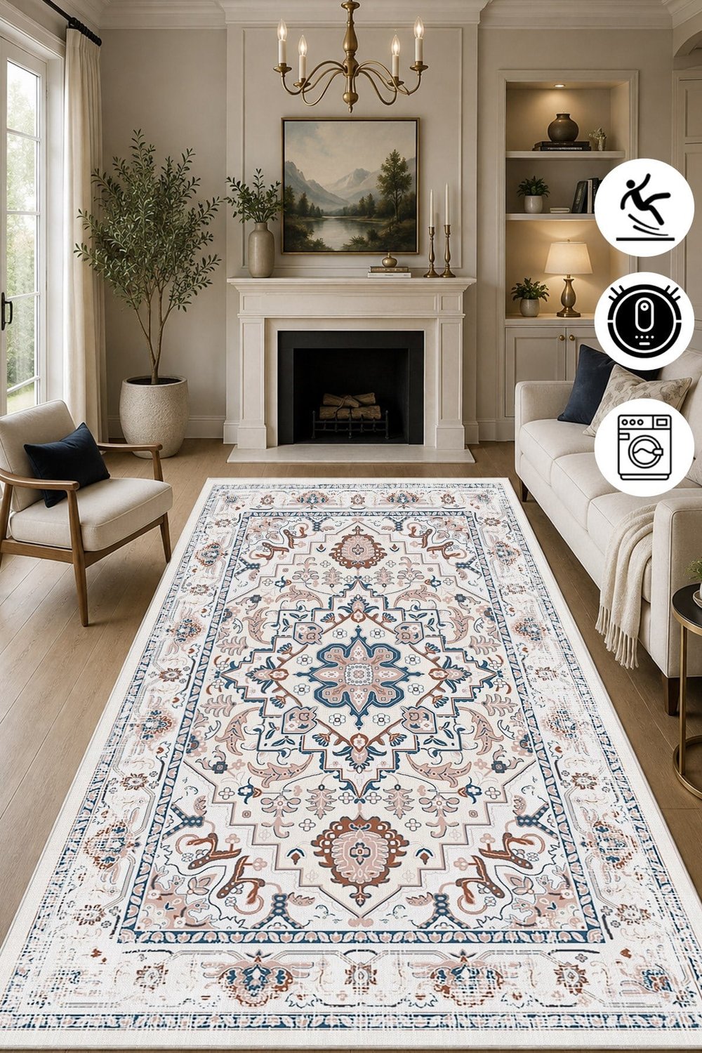 Renkli Kilim Desen Baskılı Kaymaz Yıkanabilir Salon Oturma Odası Mutfak Balkon Halısı Yolluk