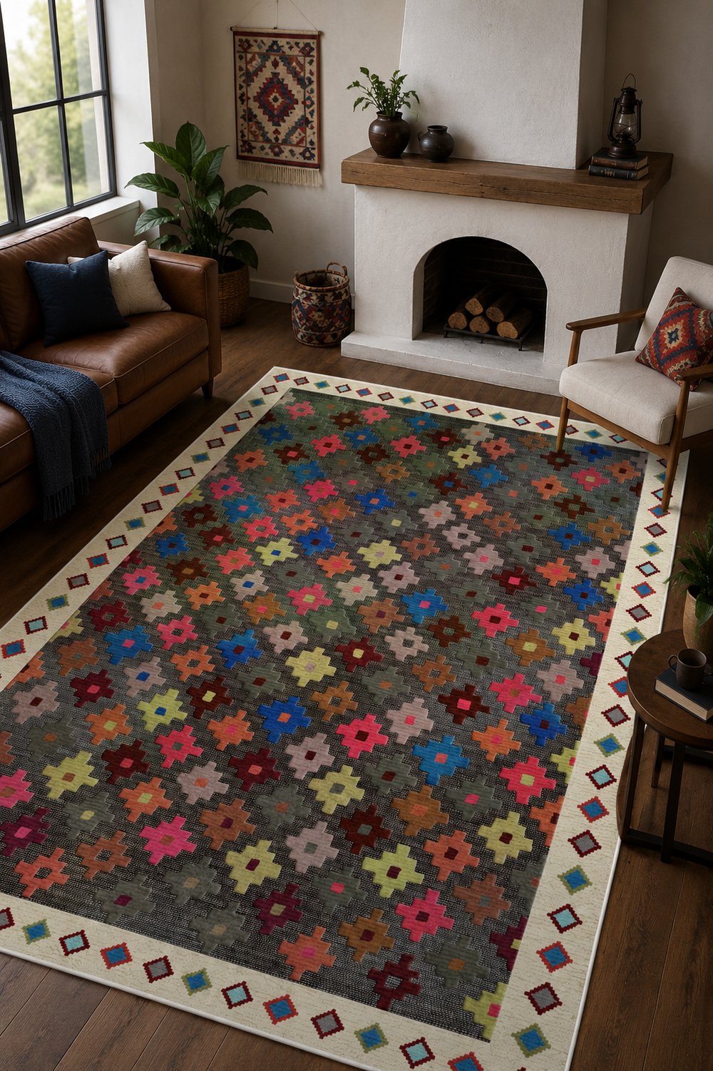 Renkli Kilim Desenli Dijital Baskılı Yıkanabilir Kaymaz Salon Oturma Odası Halısı Yolluk