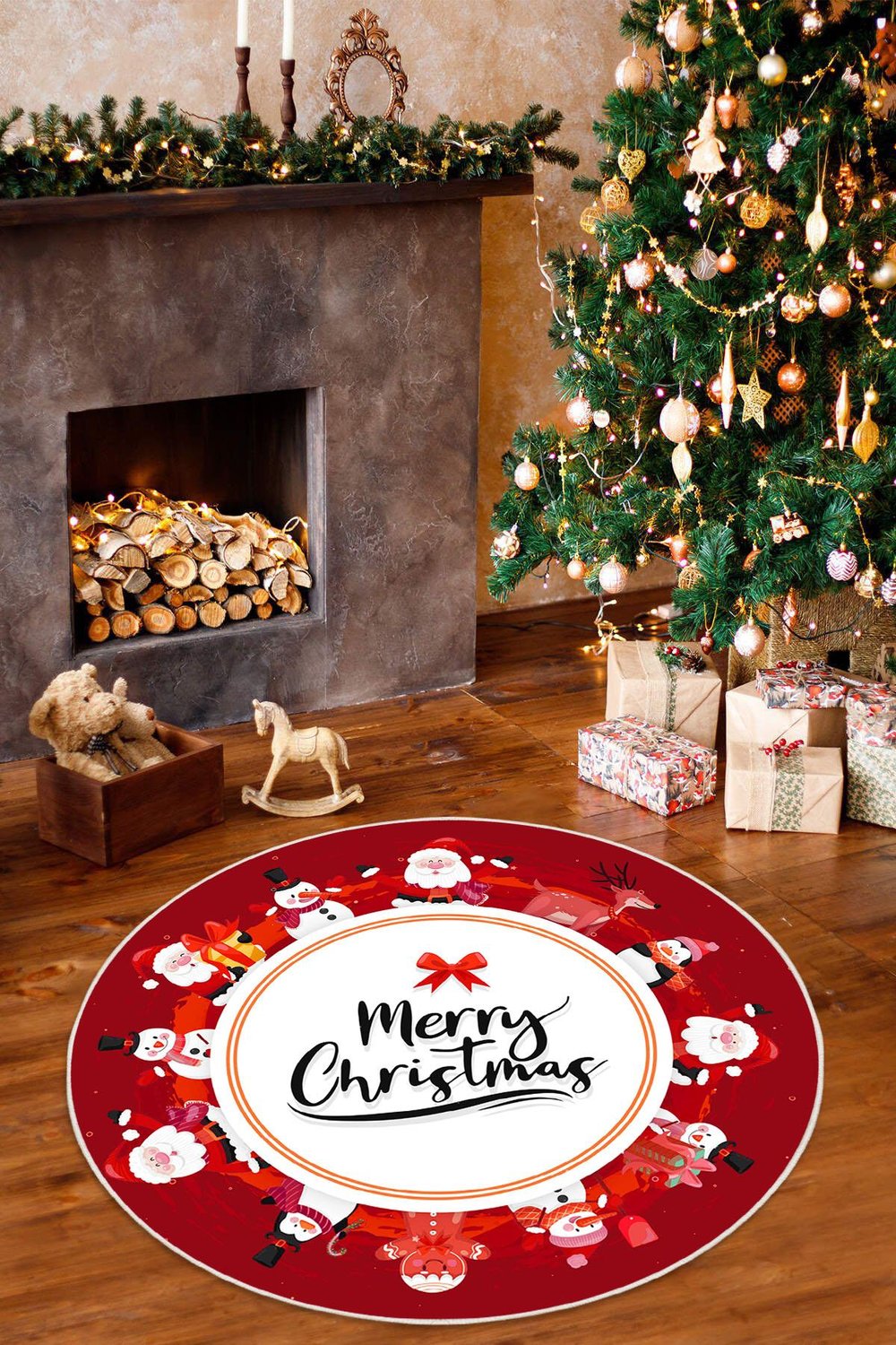 Merry Christmas Temalı Dijital Baskılı Yıkanabilir Kaymaz Taban Yuvarlak Halı