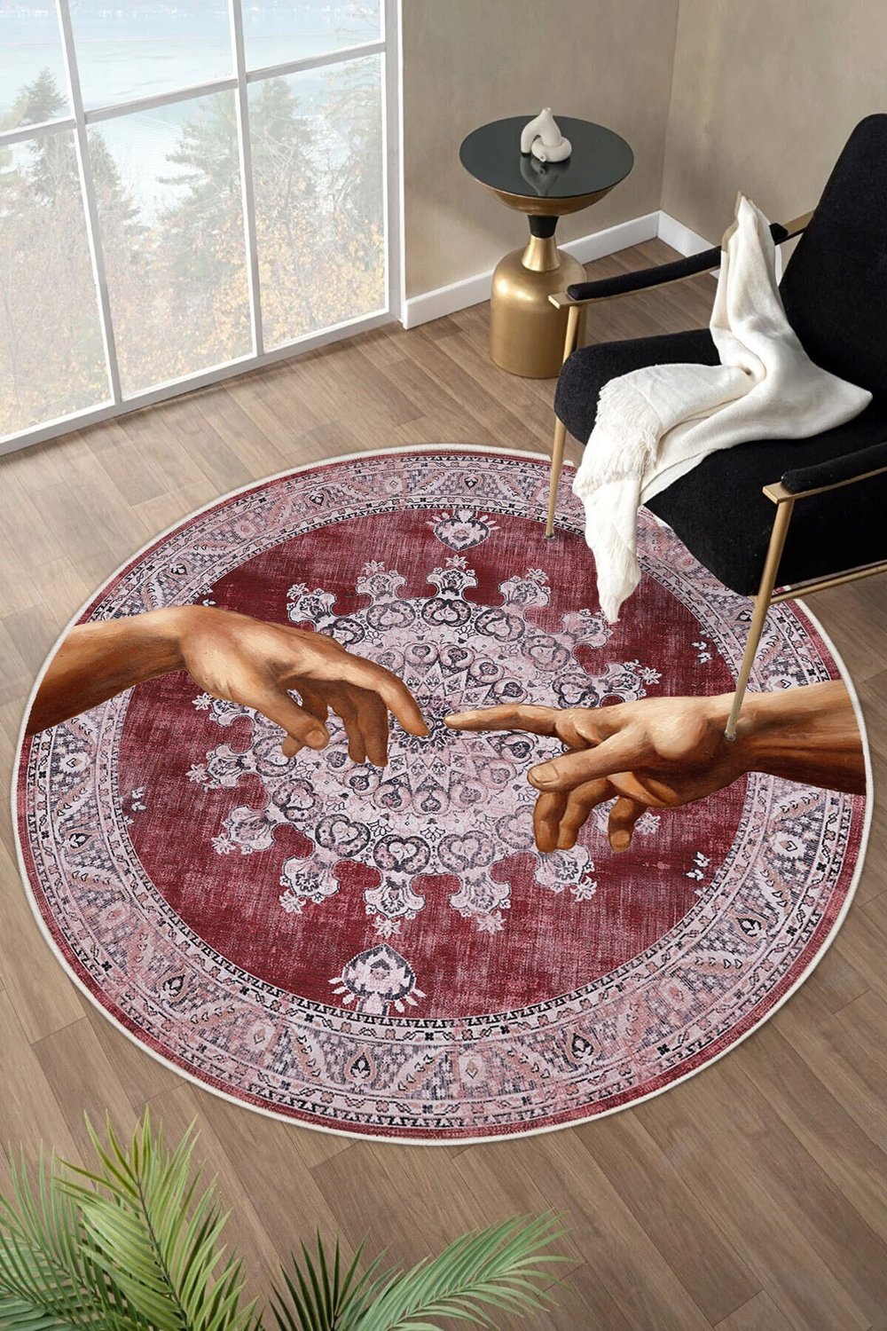 Yıkanabilir Modern Sanat Desenli Bordo Dijital Baskı Yuvarlak Halı