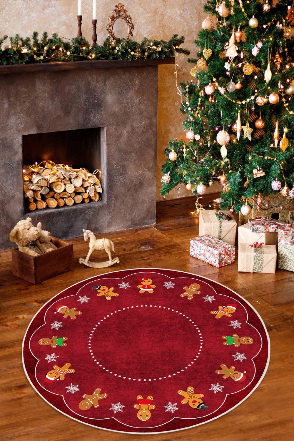 Yılbaşı Konseptli Gingerbread Desenli Yuvarlak Yıkanabilir Kaymaz Dijital Baskı Halı