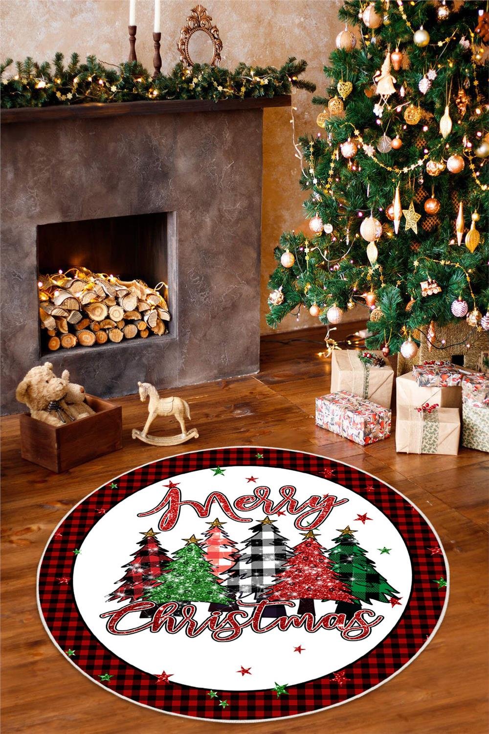Yılbaşı Temalı Merry Christmas Dijital Baskılı Yıkanabilir Yuvarlak Halı