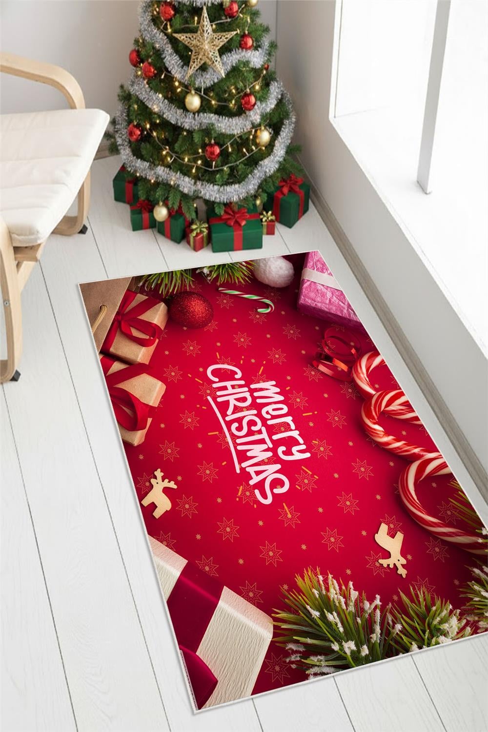 Yılbaşı Temalı Merry Christmas Dijital Baskılı Yıkanabilir Kırmızı Halı