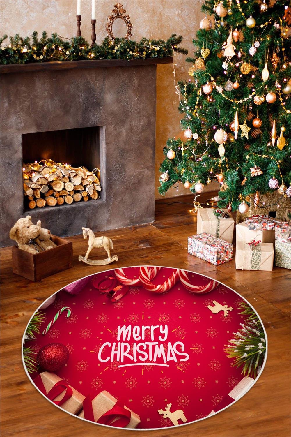 Yılbaşı Temalı Merry Christmas Dijital Baskılı Yıkanabilir Yuvarlak Kırmızı Halı