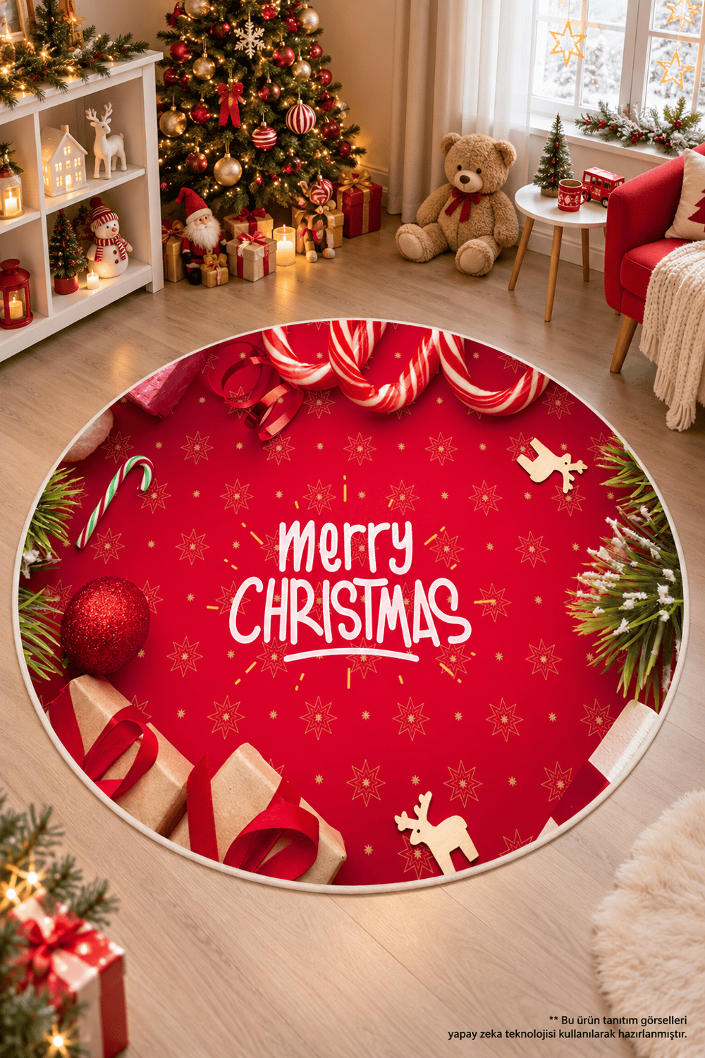 Yılbaşı Temalı Merry Christmas Dijital Baskılı Yıkanabilir Yuvarlak Kırmızı Halı