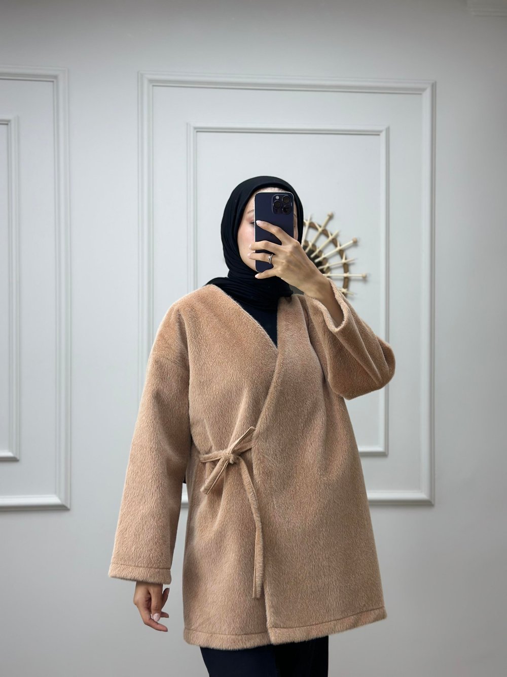 Bej Bağlamalı Peluş Kimono