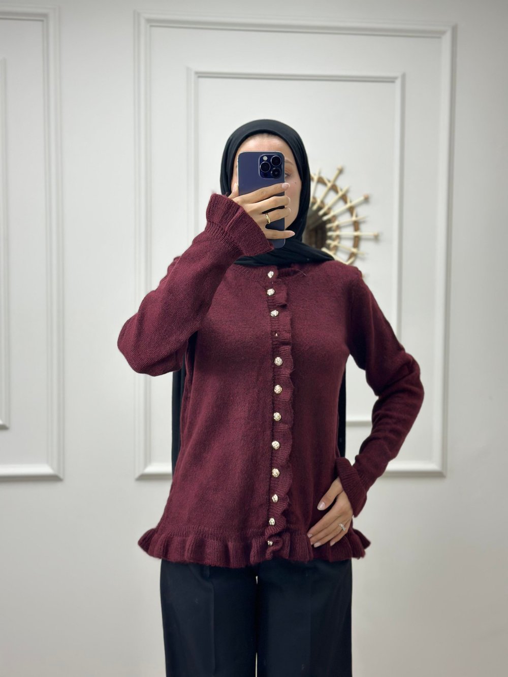 Bordo Düğmeli Triko Hırka
