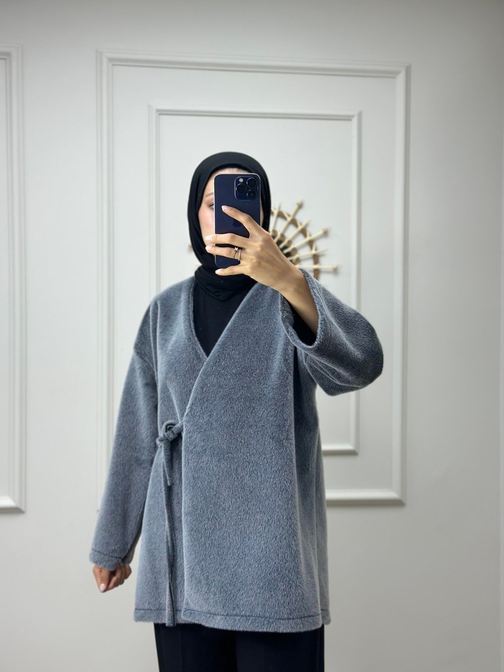 Gri Bağlamalı Peluş Kimono