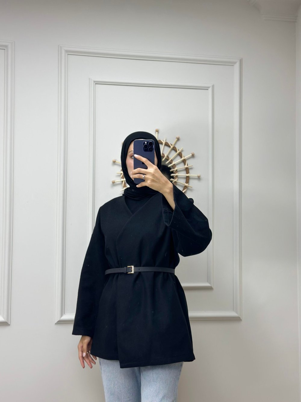 Siyah Bel Kemerli Kaşe Kimono