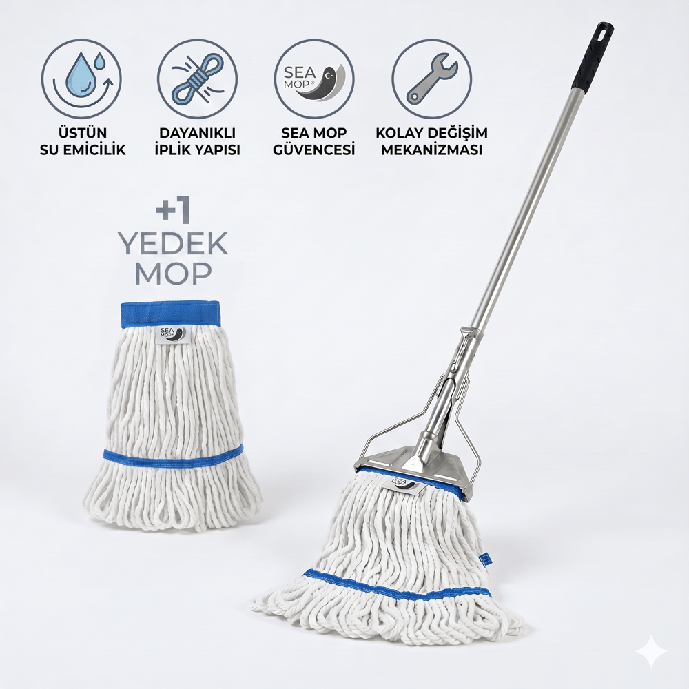 Ekstra Islak Mop Dar - 500 gr Temizlik Seti (Dar Metal Yaylı Sap 130 Cm - Ekstra Islak Mop Dar - 500 gr +1 Yedek Mop ile)