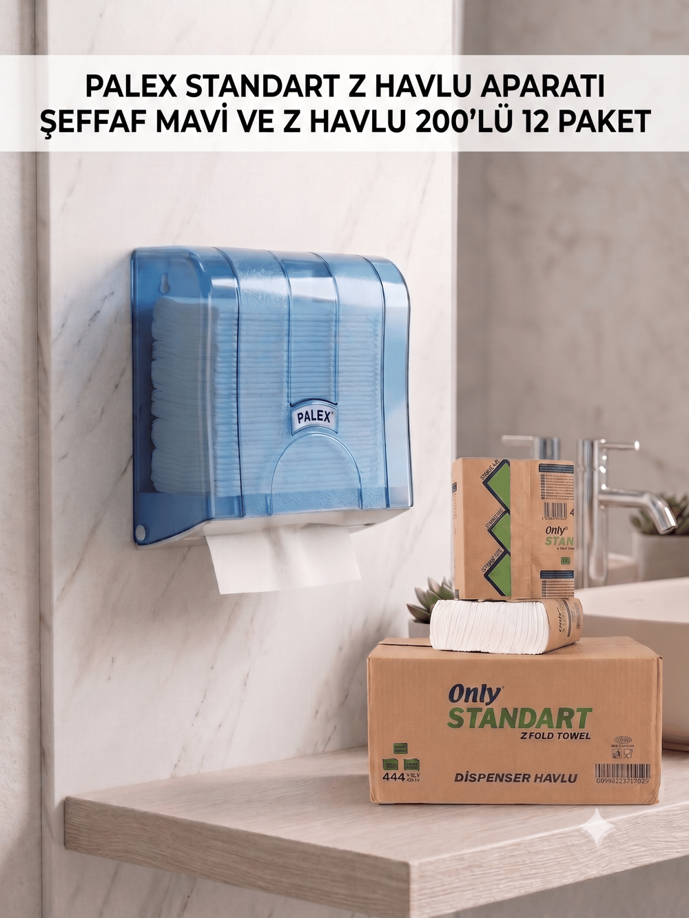Palex Standart Z Havlu Aparatı Şeffaf Mavi ve Z Havlu 200'lü 12 Paket