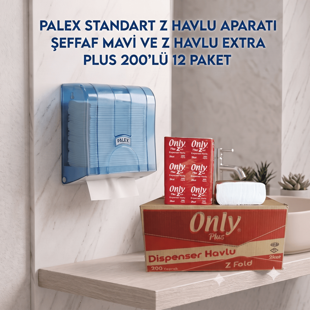 Palex Standart Z Havlu Aparatı Şeffaf Mavi ve Z Havlu Extra Plus 200'lü 12 Paket