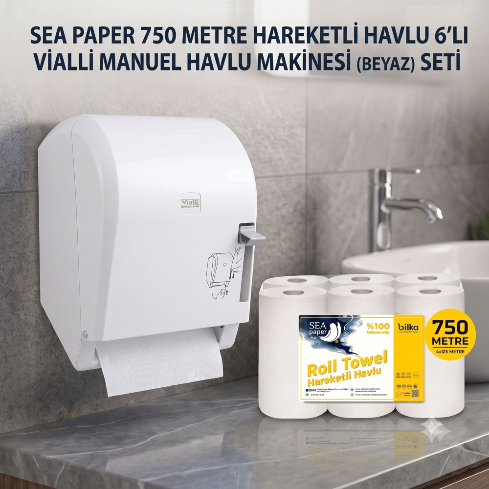 Vialli Manuel Kağıt Havlu Makinesi(Beyaz) ve Sea Paper 750 Metre (6x125) Hareketli Havlu 6'lı