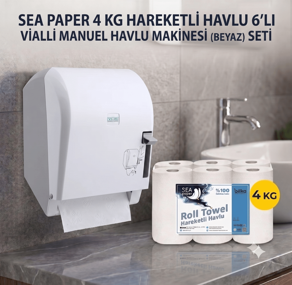 Vialli Manuel Kağıt Havlu Makinesi(Beyaz) ve Sea Paper 4 Kg Hareketli Havlu 6'lı
