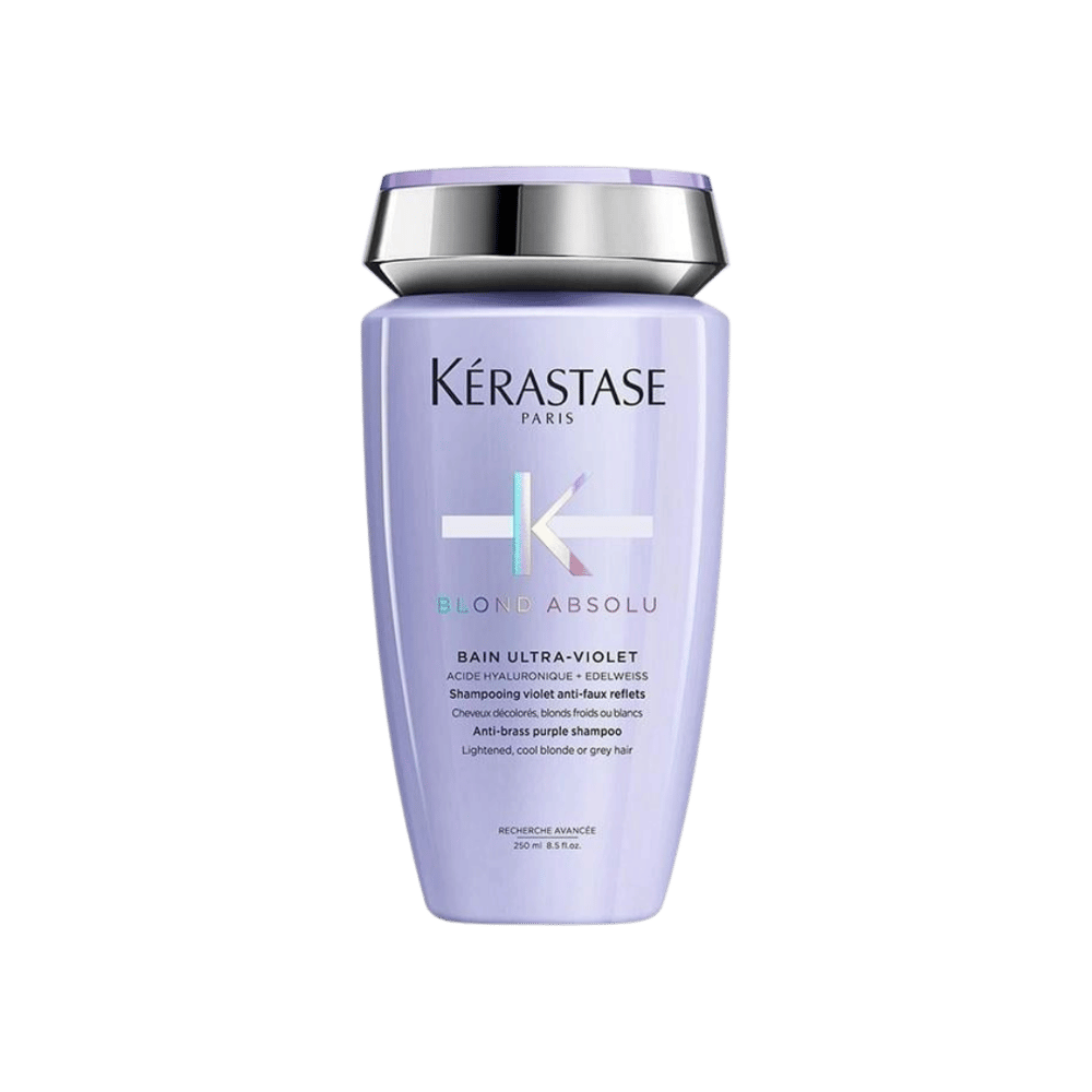 Kerastase Blond Absolu Bu-Violet 250ml şişesi, mor ötesi nötralizasyon ile sarı ve turuncu yansımaları engelleyen, hyaluronik asit ve Edelweiss özlü saç bakım şampuanı