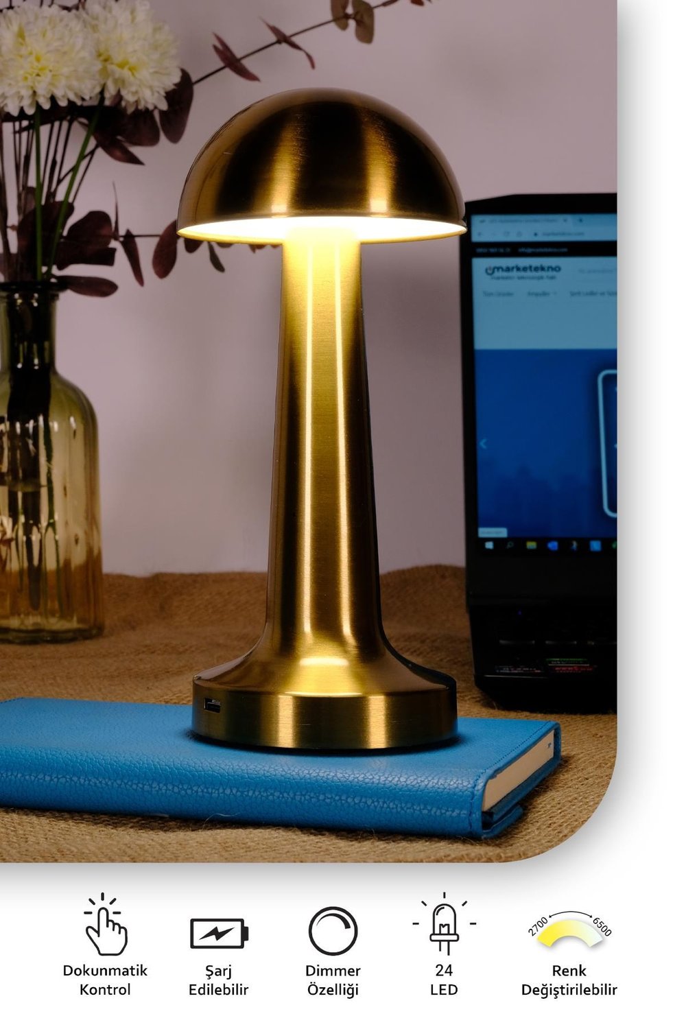 ACK Şarjlı Dokunmatik LED Masa Lambası, Renk Değiştirilebilir, Gold Renk Tek Anahtarla 3 Renk AF11 - 00296