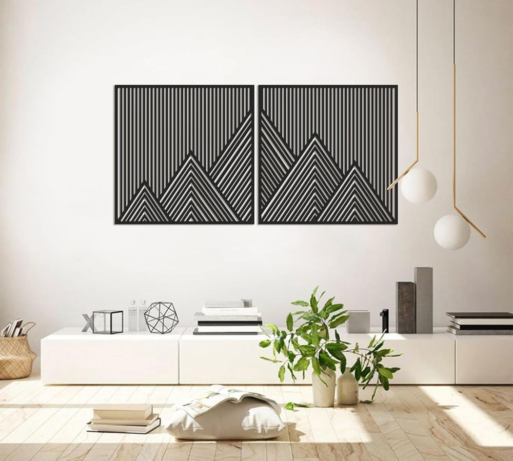 Fawdecor Ahşap Sanat Dağ Duvar Dekoru, 2li Geometrik Panel Seti