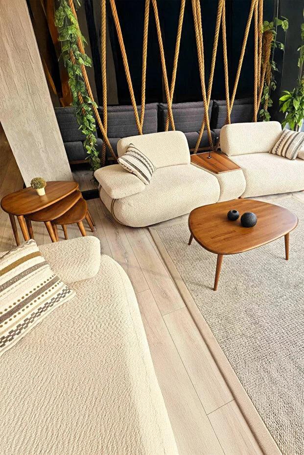 Fawdecor Oval Masif Doğal Ahşap Orta Sehpa ve 3lü Zigon Sehpa Seti