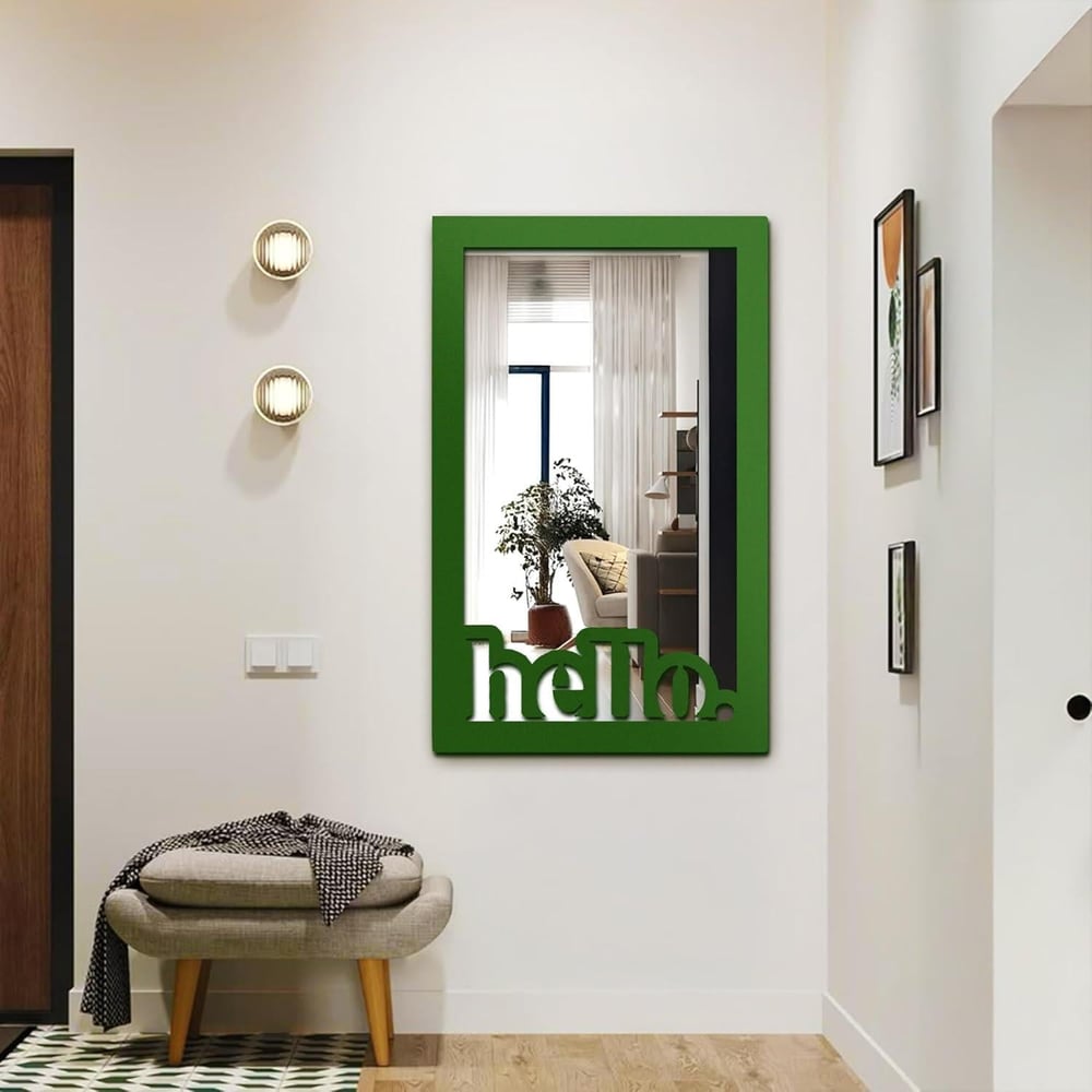 Fawdecor Hello Yazı Dekoratif Duvar Aynası, Modern Ev Aynası Yeşil
