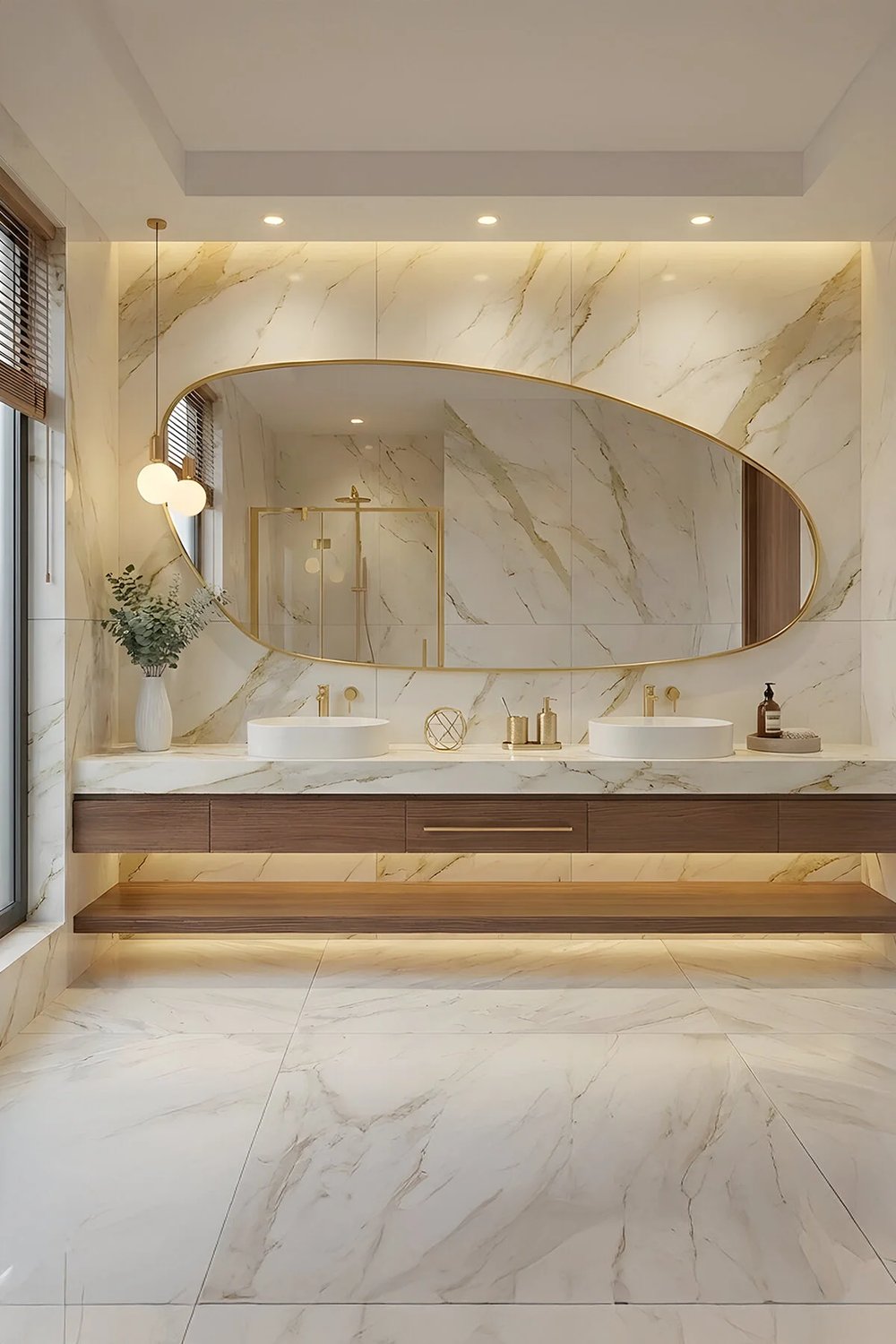 Fawdecor Premium Ahşap Çerçeveli Asimetrik Banyo Salon Duvar Aynası Gold