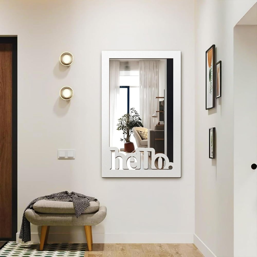 Fawdecor Hello Yazı Dekoratif Duvar Aynası, Modern Ev Aynası Beyaz