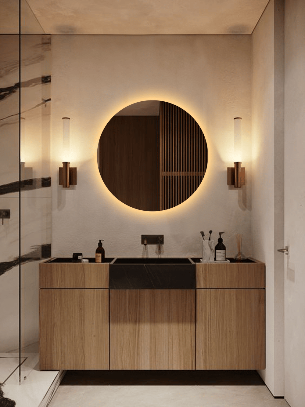 Fawdecor Led Işıklı Yuvarlak Model Dekoratif Duvar Aynası, Modern Eşsiz Ayna Sarı Işık