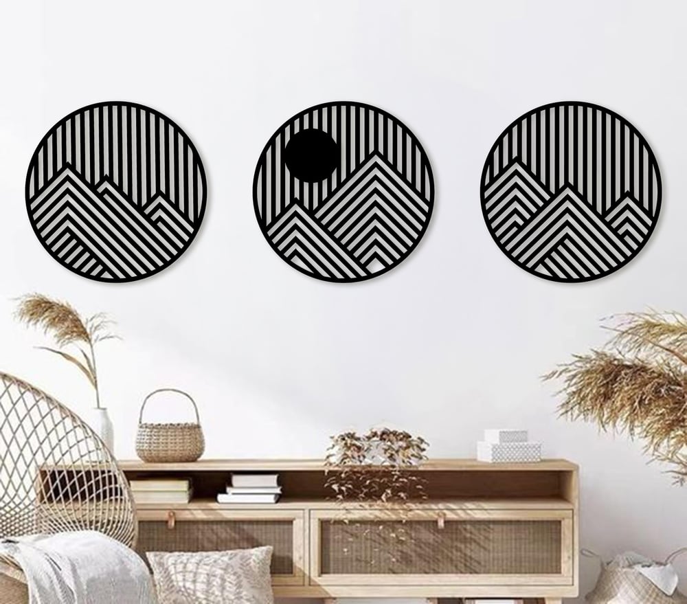 Fawdecor Dağ ve Güneş Desenli Daire Ahşap Duvar Dekoru 3 Parça