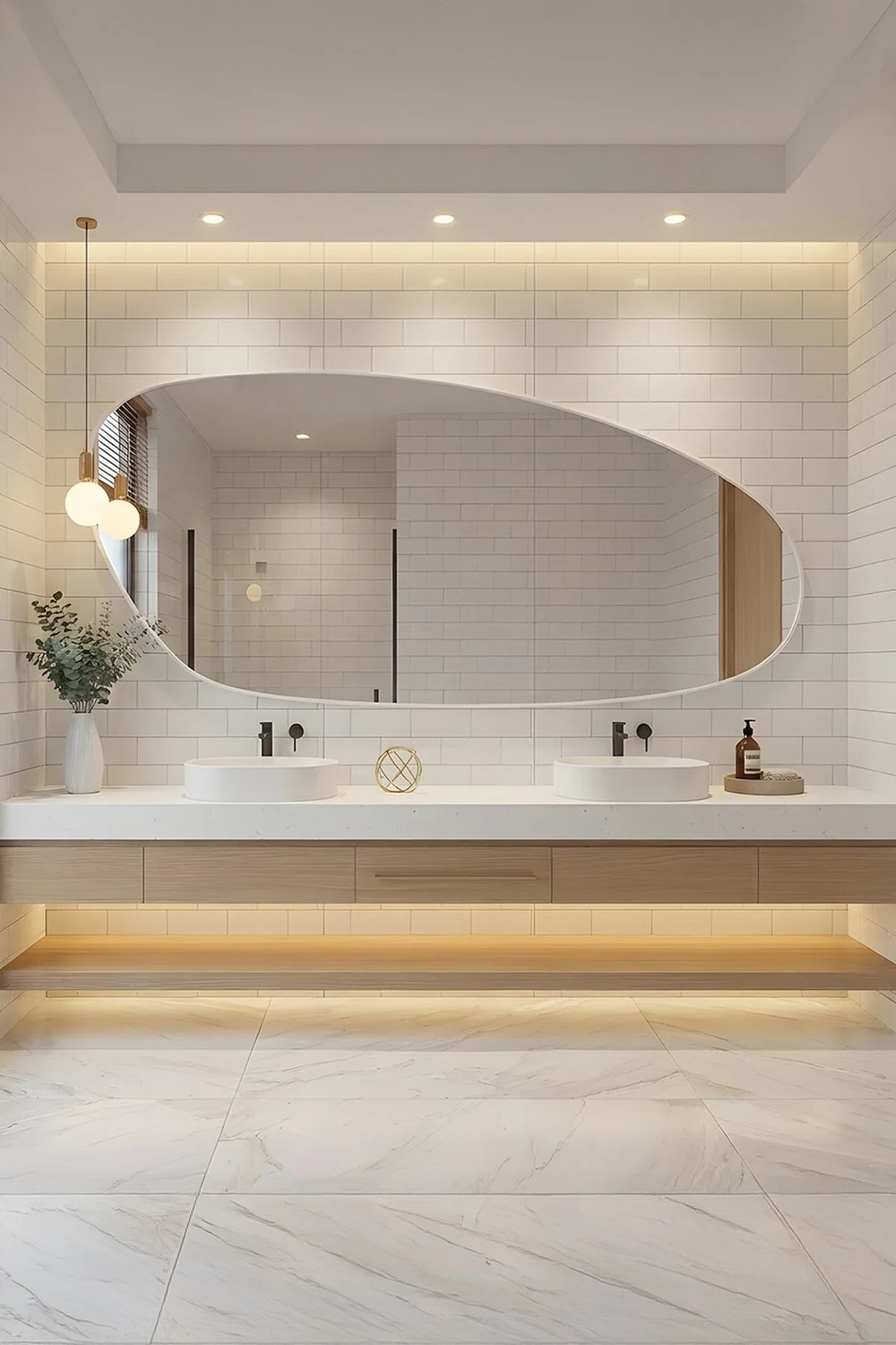 Fawdecor Premium Ahşap Çerçeveli Asimetrik Banyo Salon Duvar Aynası Beyaz