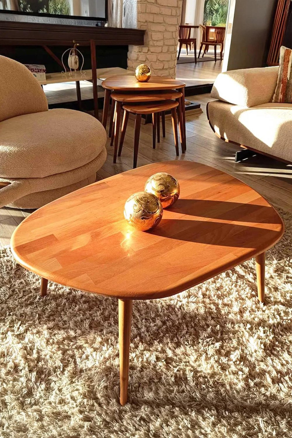 Fawdecor Oval Masif Doğal Ahşap Orta Sehpa ve 3lü Zigon Sehpa Seti