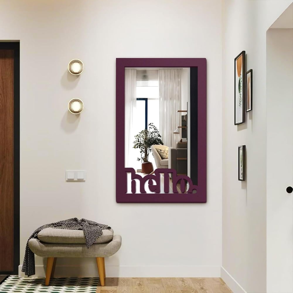 Fawdecor Hello Yazı Dekoratif Duvar Aynası, Modern Ev Aynası Mor