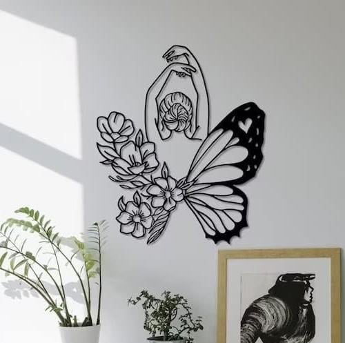Fawdecor Kadın ve Kelebek Metal Duvar Dekoru