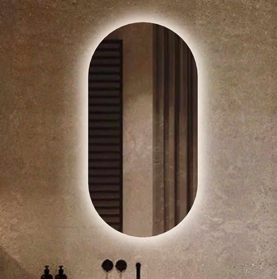 Fawdecor Led Işıklı Oval/Kapsül Model Dekoratif Duvar Aynası, Modern Eşsiz Ayna Beyaz
