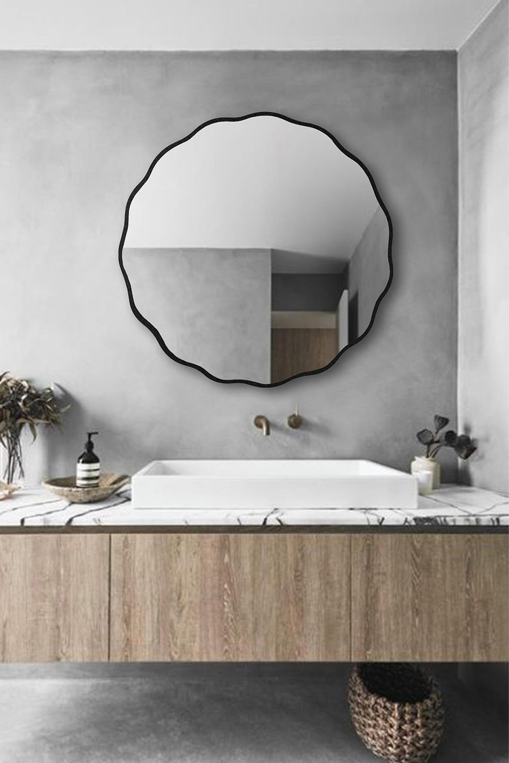 Fawdecor Şık Asimetrik Papatya Ahşap Çerçeveli Banyo Lavabo Duvar Aynası