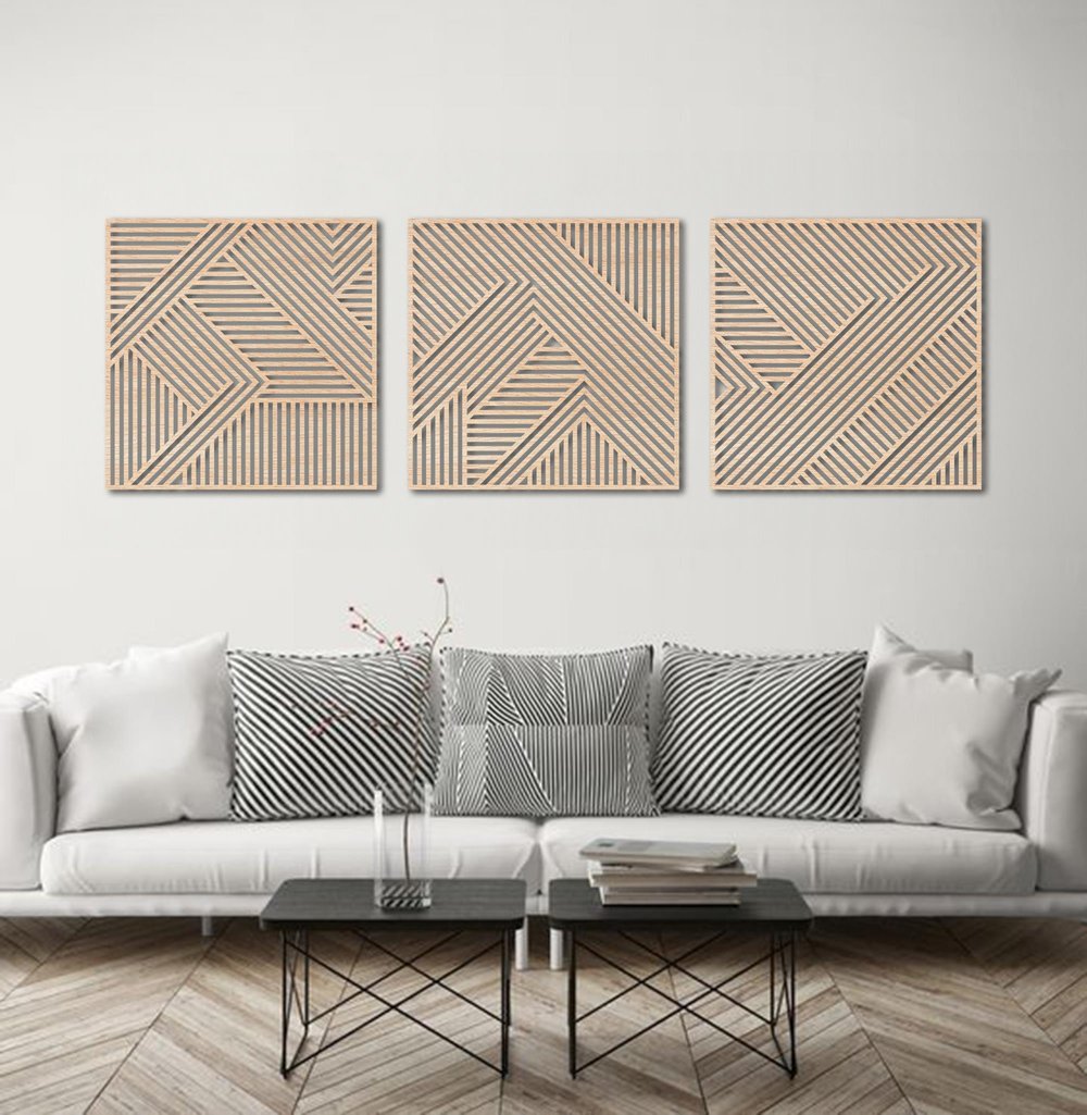 Fawdecor Geometrik Çizgili Panel 3lü Set, Ahşap Duvar Sanatı Dekoru