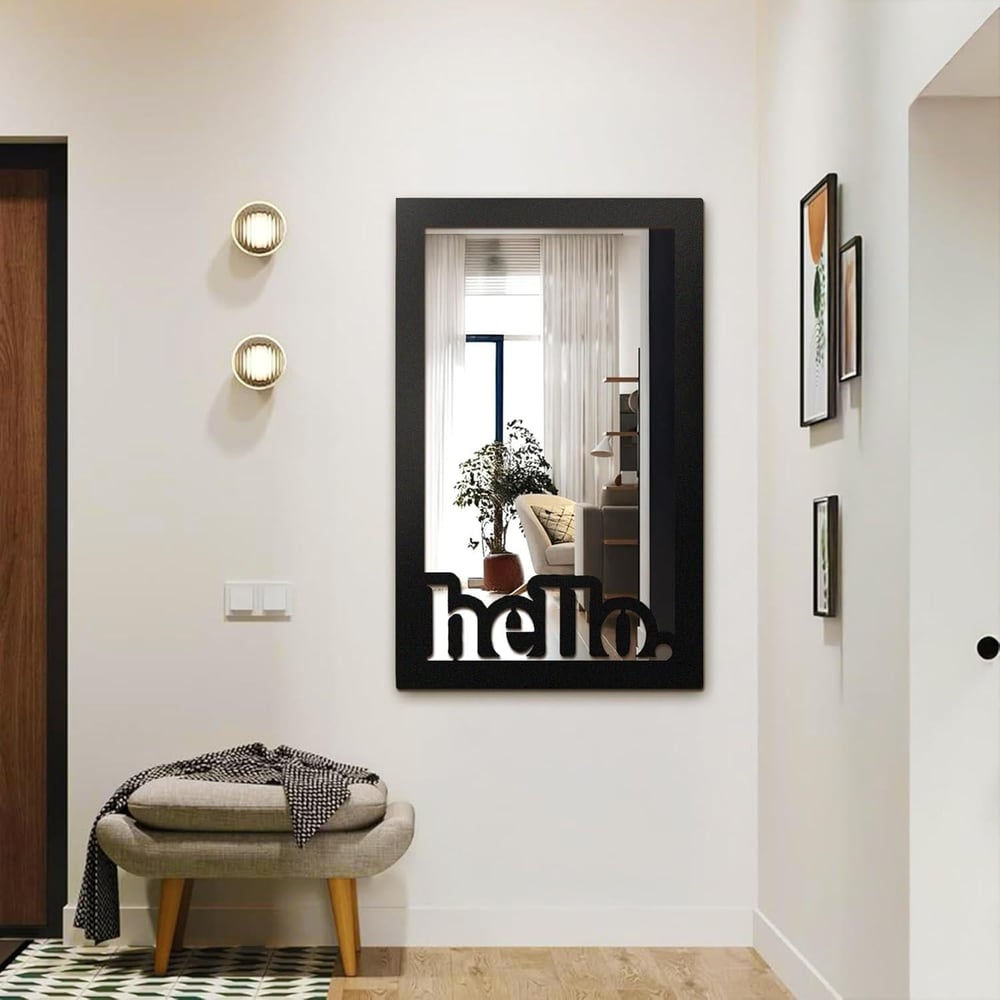 Fawdecor Hello Yazı Dekoratif Duvar Aynası, Modern Ev Aynası Siyah