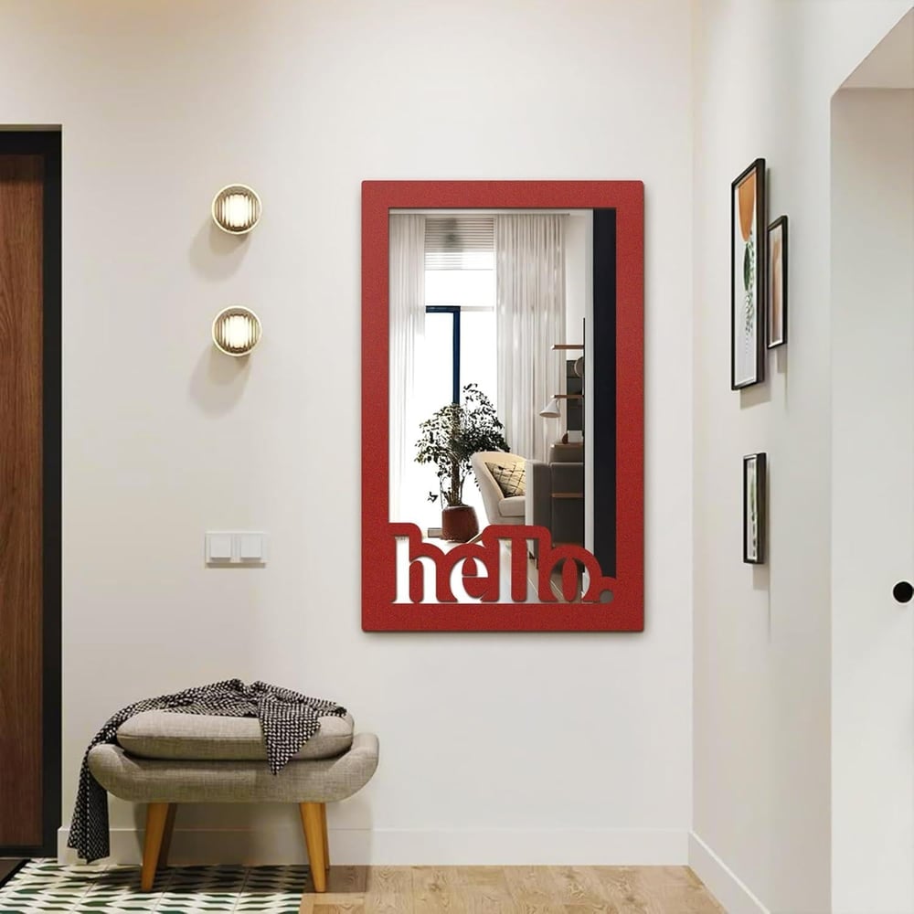 Fawdecor Hello Yazı Dekoratif Duvar Aynası, Modern Ev Aynası Kırmızı